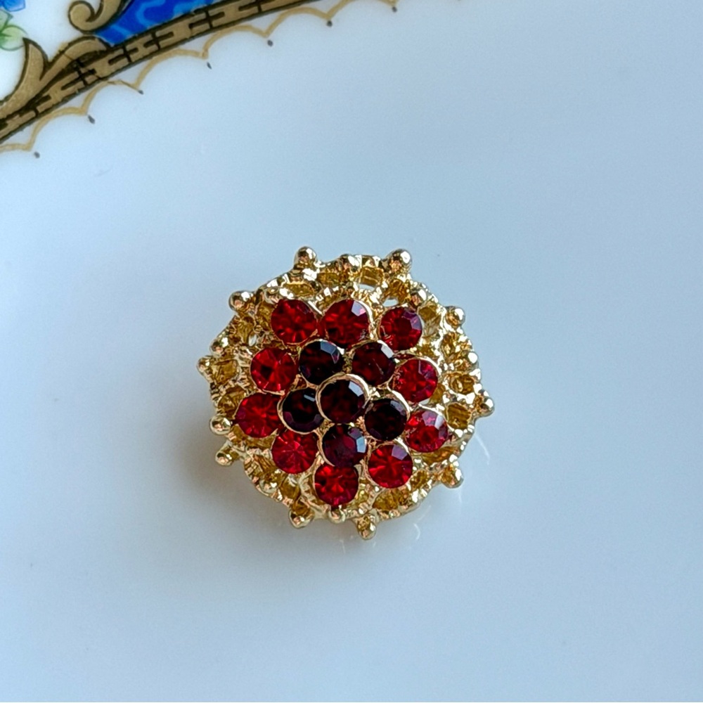 Vintage Red Rhinestone Brooch Round Cluster Pin Costume Jewlery